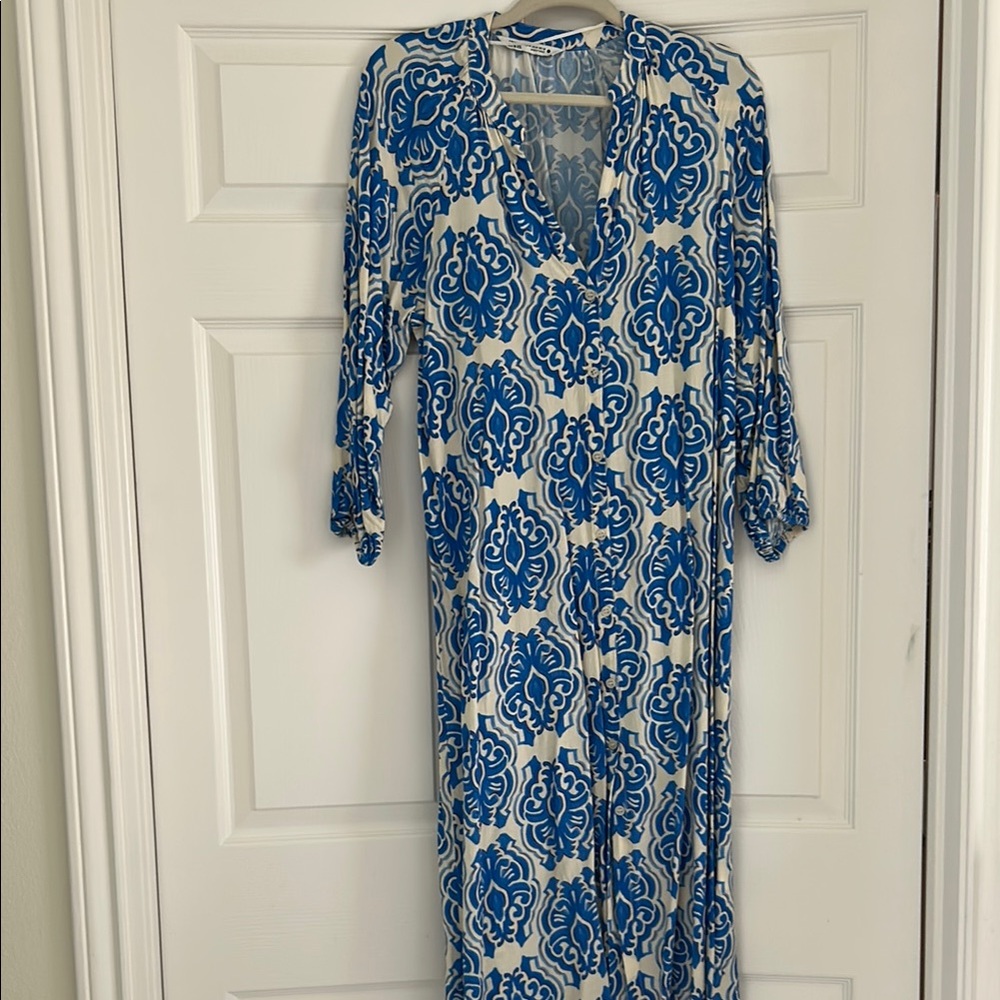 Blue and White Zara Resort style Patterned Dress